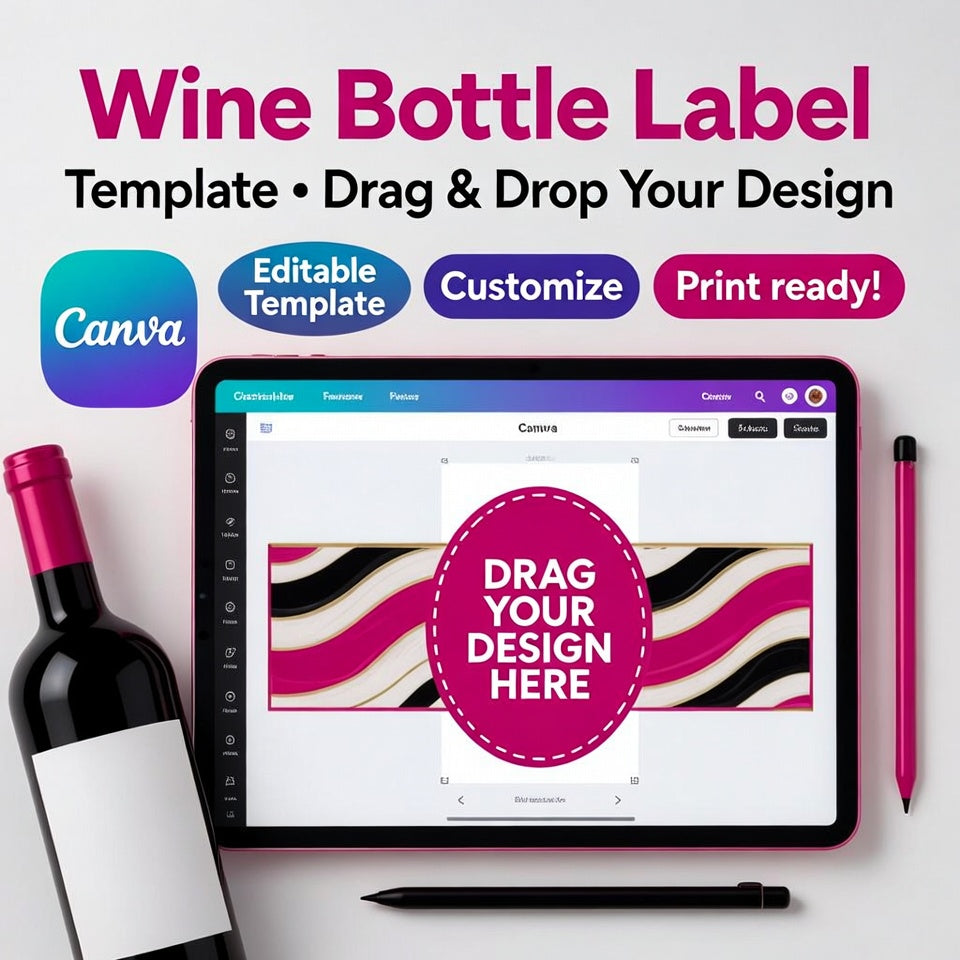 Blank wine bottle label Canva editable template